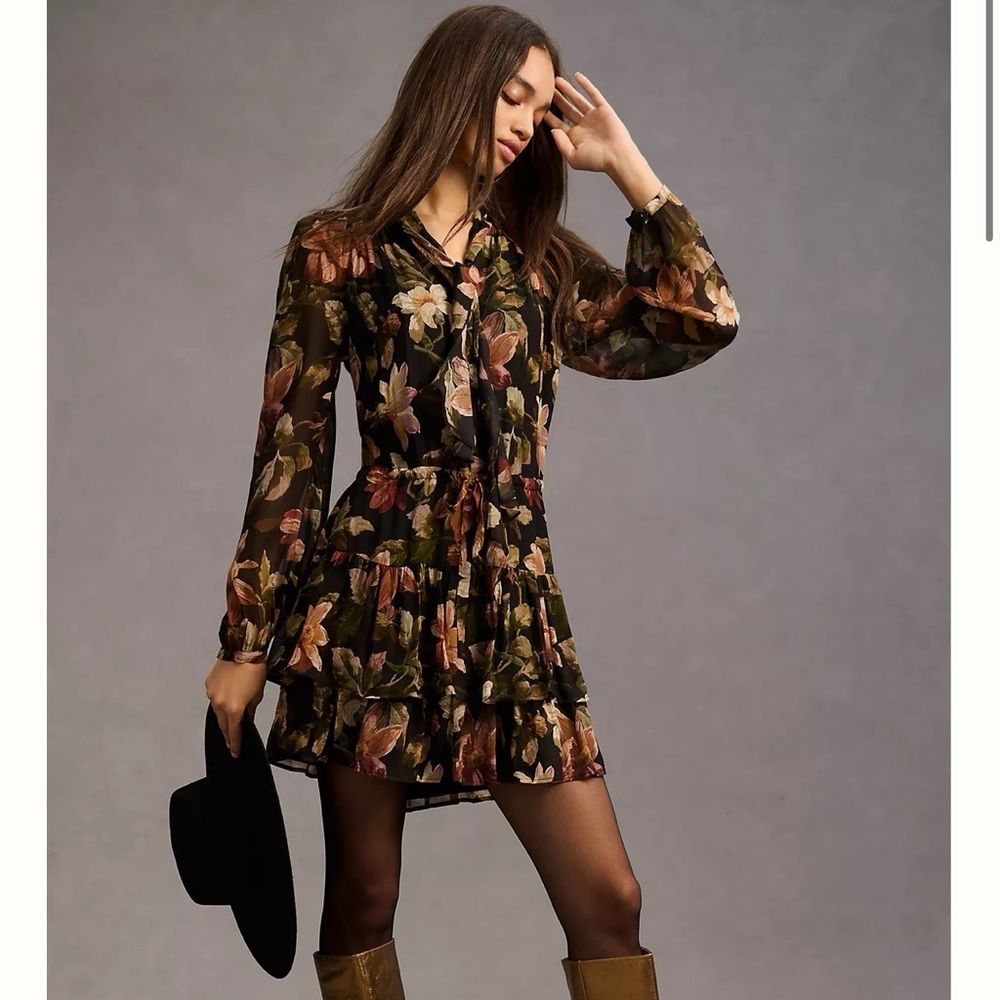 Anthro Paige Elynne Tiered Long-Sleeve Silk Dress In Black / Antique Bisque